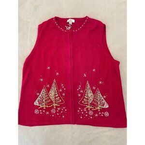 Quacker Factory Women's Christmas Sweater Vest 2X Red Beaded Sequin Trees